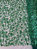Beaded Design Floral Pattern - Hunter Green - Embroidered Beads in Floral Pattern on Mesh Sold By The Yard