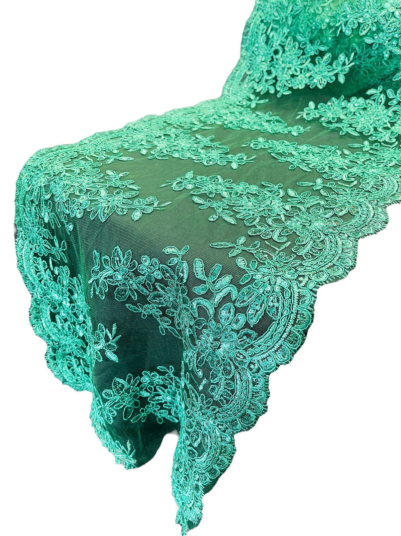 Floral Sequins Cluster Design - Hunter Green - 14" Embroidered Floral Design Table Runner Sold By Yard