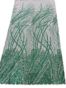 Wild Grass Beaded Fabric - Hunter Green - Embroidered Wavy Grass Pattern Fabric Sold By Yard