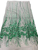 Flower Lines Fashion Design Fabric - Hunter Green - Embroidered Floral Beads and Sequins Sold By Yard