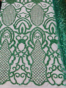 Fashion Design Bead Damask Fabric - Hunter Green - Embroidered Elegant Design on Mesh Sold By The Yard