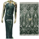 Long Wavy Line Design Sequins - Hunter Green - 4 Way Stretch Sequin Design on Mesh Fabric By Yard