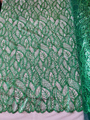 Fancy Leaf Pattern with Beads - Hunter Green - Embroidered Leaves Design on Mesh Sold By The Yard