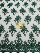 Beaded Flower Sequins Fabric - Hunter Green - Embroidery With Beads and Sequin on a Mesh Sold By Yard