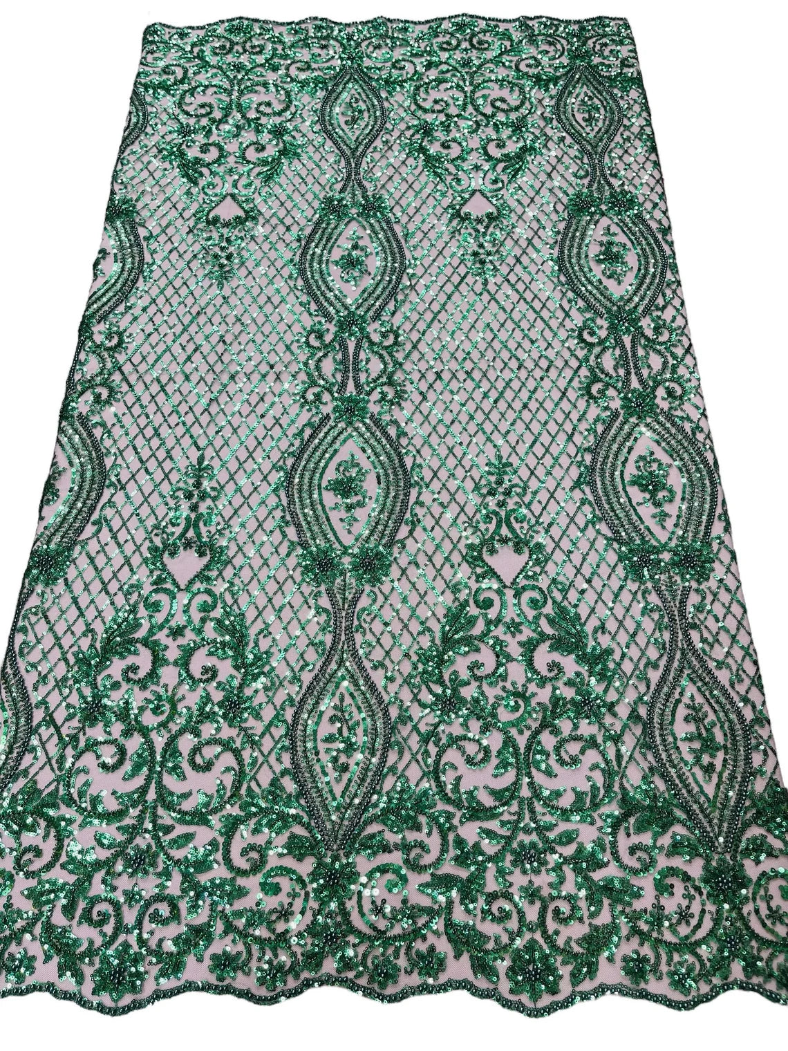Elegant Damask Beaded Fabric Hunter Green Embroidered Floral Damas
