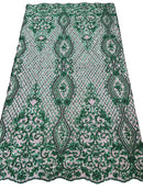 Elegant Damask Beaded Fabric - Hunter Green - Embroidered Floral Damask Net Fabric Sold By Yard