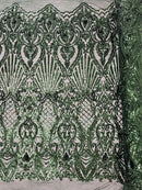 Damask Geometric Sequins - Hunter Green - 4 Way Stretch Sequins Design Sold By Yard