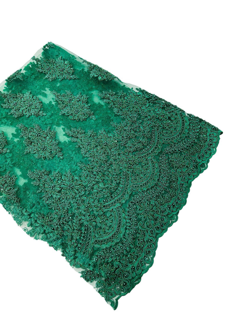 Flower Cluster Beaded Fabric - Hunter Green - Embroidered Beaded Layered Border Fabric Sold By Yard