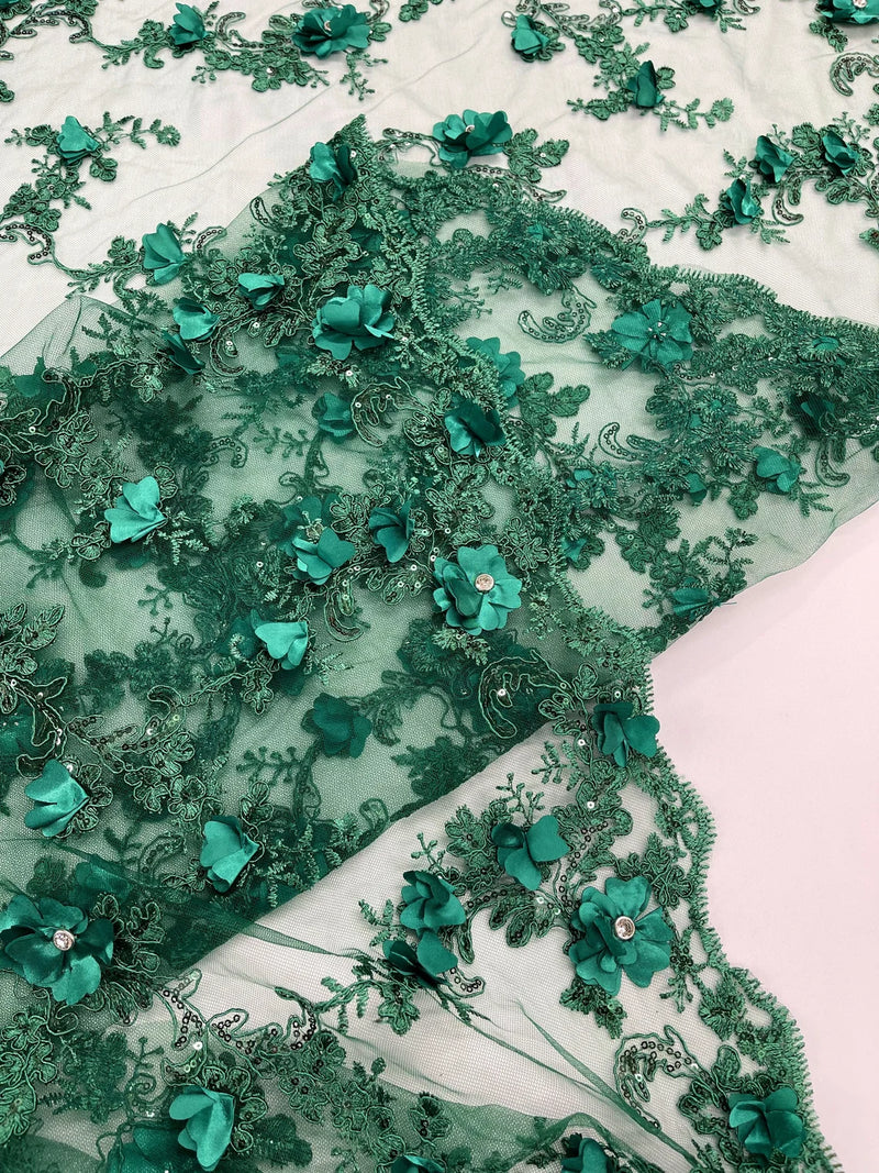 3D Flower Sequin Cluster Design - Hunter Green - Sequins Embroidered Floral Design on Tulle Sold By Yard
