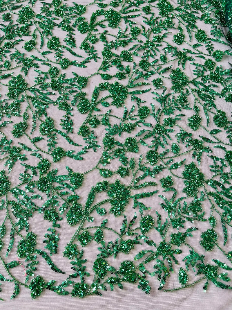 Beaded Design Floral Pattern - Hunter Green - Embroidered Beads in Floral Pattern on Mesh Sold By The Yard