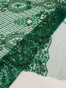 Elegant Damask Beaded Fabric - Hunter Green - Embroidered Floral Damask Net Fabric Sold By Yard