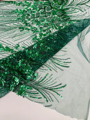 Flower Lines Fashion Design Fabric - Hunter Green - Embroidered Floral Beads and Sequins Sold By Yard