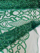 Fashion Design Bead Damask Fabric - Hunter Green - Embroidered Elegant Design on Mesh Sold By The Yard