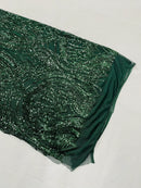 Long Wavy Line Design Sequins - Hunter Green - 4 Way Stretch Sequin Design on Mesh Fabric By Yard