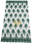 Beaded Flower Sequins Fabric - Hunter Green - Embroidery With Beads and Sequin on a Mesh Sold By Yard