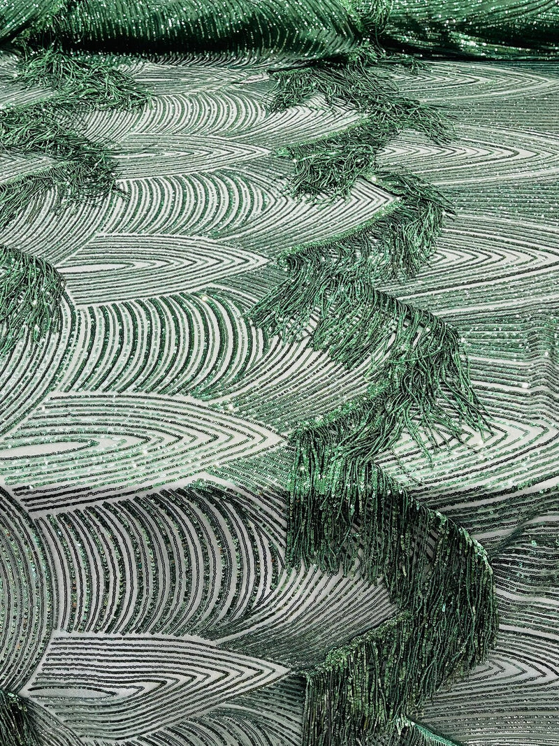 Fringe Sequins Design - Hunter Green - Fringe Design Embroidered on a  4 Way Stretch Lace Mesh (Pick A Size)