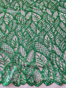 Fancy Leaf Pattern with Beads - Hunter Green - Embroidered Leaves Design on Mesh Sold By The Yard