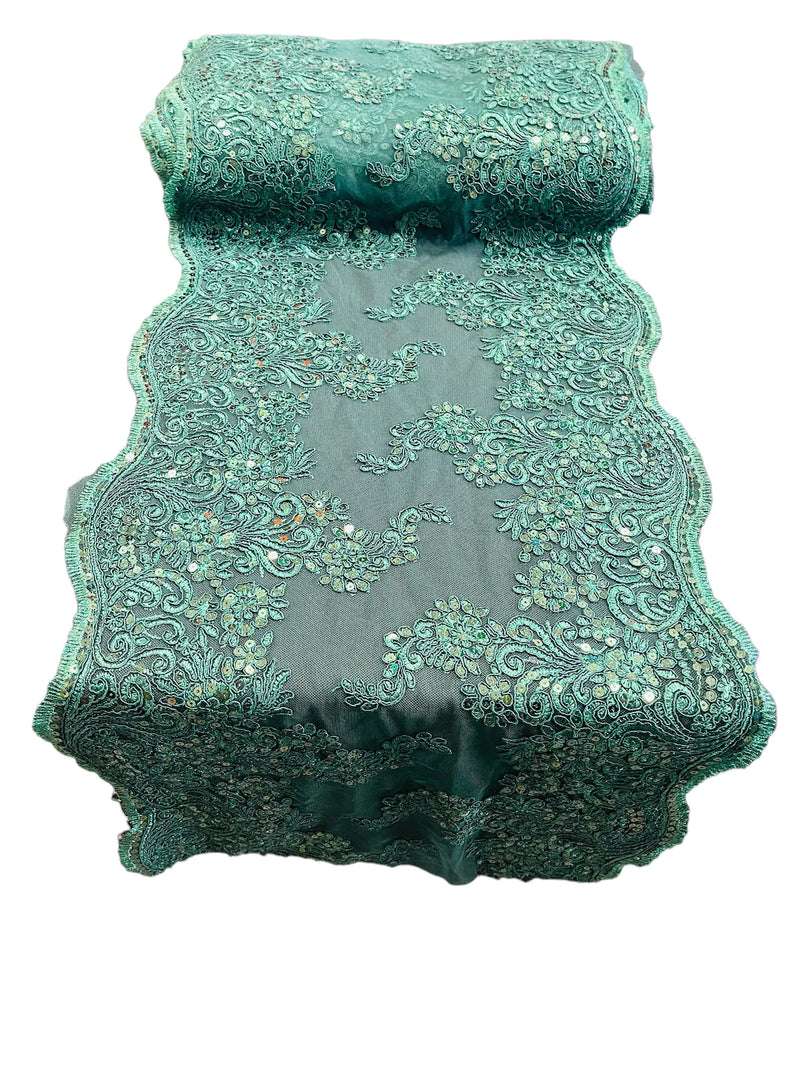 14" Metallic Floral Pattern Lace Table Runner - Hunter Green - Floral Table Runner for Event Decoration (Pick Color)