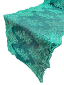 21" Wide Floral Metallic Pattern Lace Table Runner - Hunter Green - Metallic Table Runner Sold By Yard
