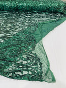 Heart Shape Sequins Fabric - Hunter Green - 4 Way Stretch Sequins Damask Fabric By Yard