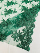 Plant Cluster Sequins Design - Hunter Green - Flower Sequins Embroidered Design on Tulle Sold By Yard