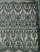 Heart Shape Sequins Fabric - Hunter Green - 4 Way Stretch Sequins Damask Fabric By Yard