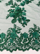 3D Rose Plant Fabric - Hunter Green - Embroidered Flower Design Rose Fabric Sold by Yard