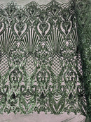 Damask Geometric Sequins - Hunter Green - 4 Way Stretch Sequins Design Sold By Yard