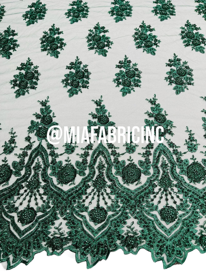 Floral Cluster Beaded Fabric - Hunter Green - Embroidered Fancy Fashion Design Beads and Sequins Sold by yard