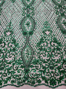 Elegant Damask Beaded Fabric - Hunter Green - Embroidered Floral Damask Net Fabric Sold By Yard