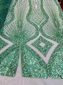 Zig Zag Lines Diamond Shape Fabric - Hunter Green - Embroidered Glamorous Design on Mesh Sold By The Yard