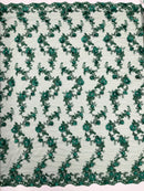 3D Flower Sequin Cluster Design - Hunter Green - Sequins Embroidered Floral Design on Tulle Sold By Yard