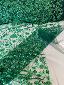 Beaded Design Floral Pattern - Hunter Green - Embroidered Beads in Floral Pattern on Mesh Sold By The Yard