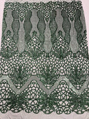 Floral Star Leaf Design - Hunter Green - 4 Way Stretch Sequin Floral Design on Mesh By Yard