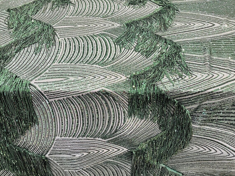 Fringe Sequins Design - Hunter Green - Fringe Design Embroidered on a  4 Way Stretch Lace Mesh (Pick A Size)