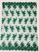 Plant Cluster Sequins Design - Hunter Green - Flower Sequins Embroidered Design on Tulle Sold By Yard