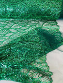 Fancy Leaf Pattern with Beads - Hunter Green - Embroidered Leaves Design on Mesh Sold By The Yard