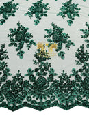 Beaded Flower Sequins Fabric - Hunter Green - Embroidery With Beads and Sequin on a Mesh Sold By Yard