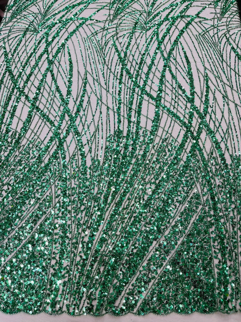 Wild Grass Beaded Fabric - Hunter Green - Embroidered Wavy Grass Pattern Fabric Sold By Yard