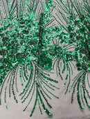 Flower Lines Fashion Design Fabric - Hunter Green - Embroidered Floral Beads and Sequins Sold By Yard
