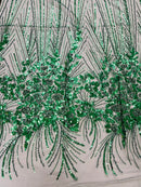 Flower Lines Fashion Design Fabric - Hunter Green - Embroidered Floral Beads and Sequins Sold By Yard