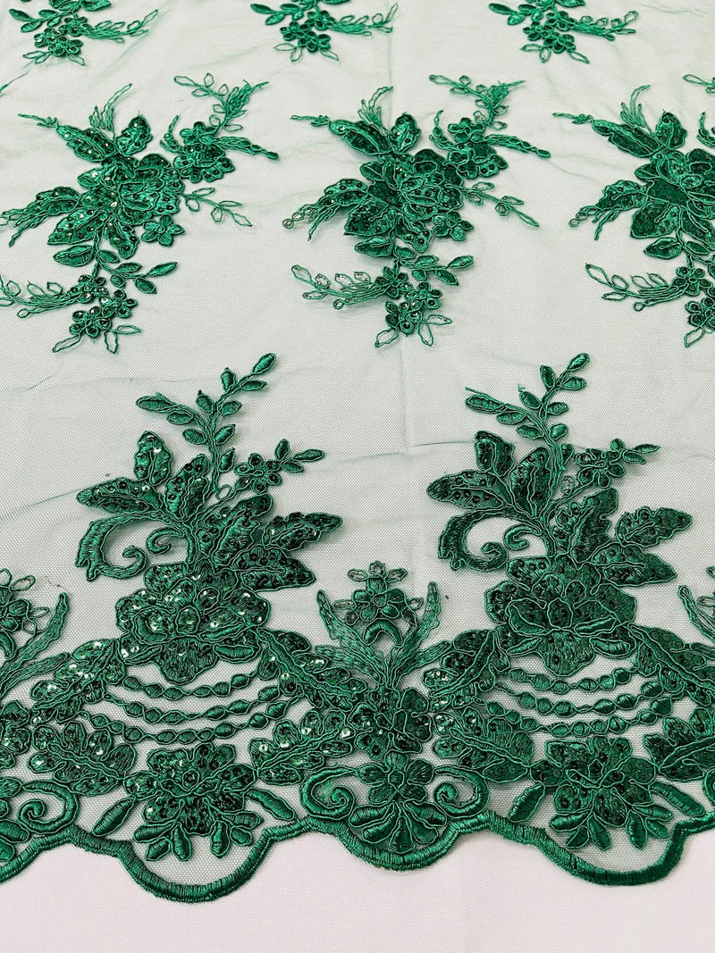 Plant Cluster Sequins Design - Hunter Green - Flower Sequins Embroidered Design on Tulle Sold By Yard
