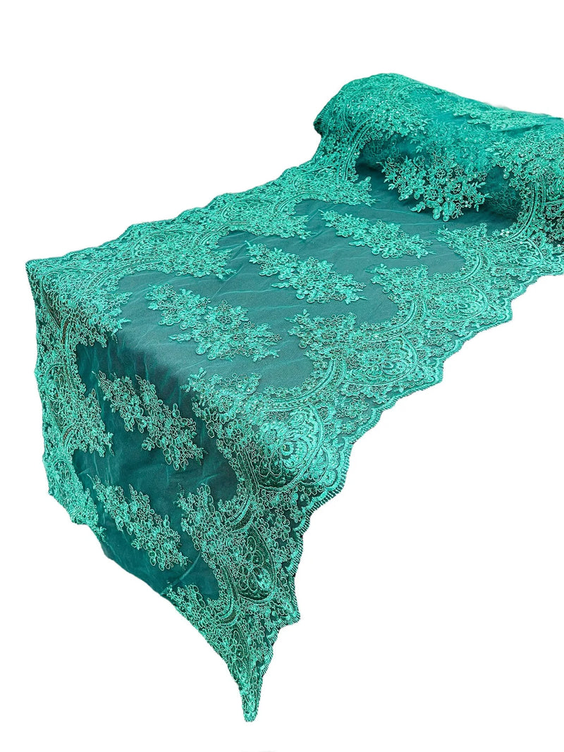 21" Wide Floral Metallic Pattern Lace Table Runner - Hunter Green - Metallic Table Runner Sold By Yard