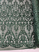 Heart Shape Sequins Fabric - Hunter Green - 4 Way Stretch Sequins Damask Fabric By Yard