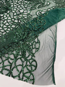 Floral Star Leaf Design - Hunter Green - 4 Way Stretch Sequin Floral Design on Mesh By Yard
