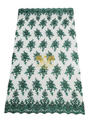 Beaded Flower Sequins Fabric - Hunter Green - Embroidery With Beads and Sequin on a Mesh Sold By Yard