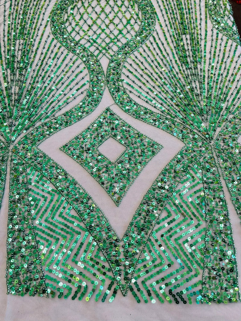Zig Zag Lines Diamond Shape Fabric - Hunter Green - Embroidered Glamorous Design on Mesh Sold By The Yard