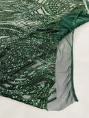 Long Wavy Line Design Sequins - Hunter Green - 4 Way Stretch Sequin Design on Mesh Fabric By Yard