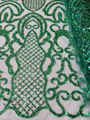 Fashion Design Bead Damask Fabric - Hunter Green - Embroidered Elegant Design on Mesh Sold By The Yard