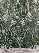 Long Wavy Line Design Sequins - Hunter Green - 4 Way Stretch Sequin Design on Mesh Fabric By Yard
